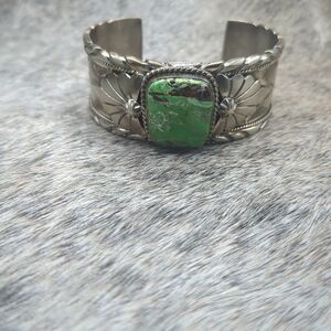 Sterling Silver and Gaspeite Green Stone Cuff Bracelet